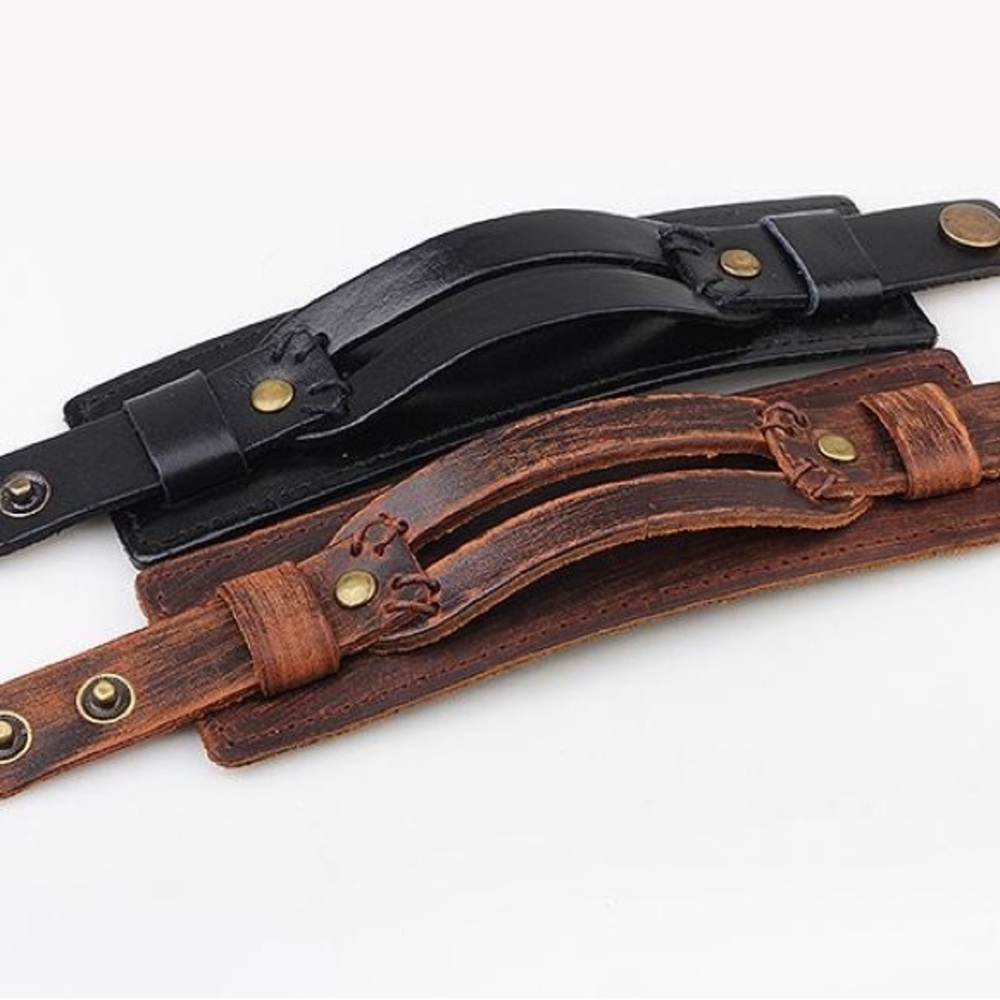 Men’s Chunky Punk Rock Leather Wide Cuff Wristband Bracelet Snap Straps Brown - Picture 9 of 10